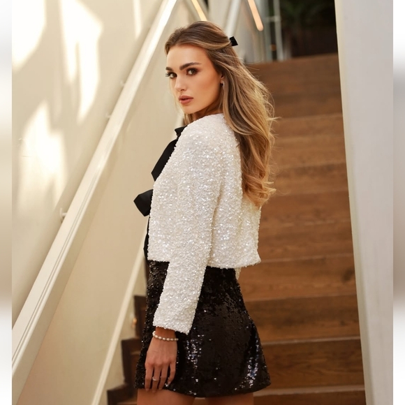 H&M viral white sequin black bow ribbon tie front cardigan sweater - Picture 11 of 16